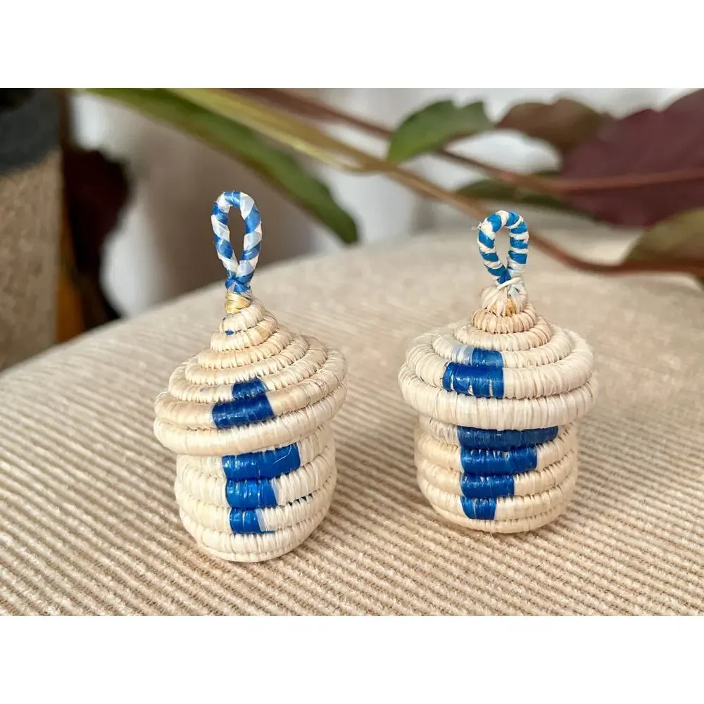 African Woven Baskets Pair Boho Hanging Jewelry Ring Box Tan Blue Rattan